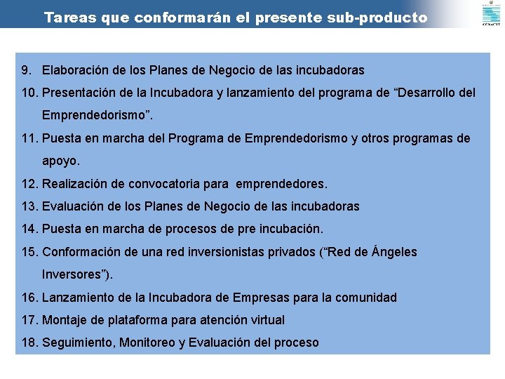 Tareas que conformarán el presente sub-producto 9. Elaboración de los Planes de Negocio de