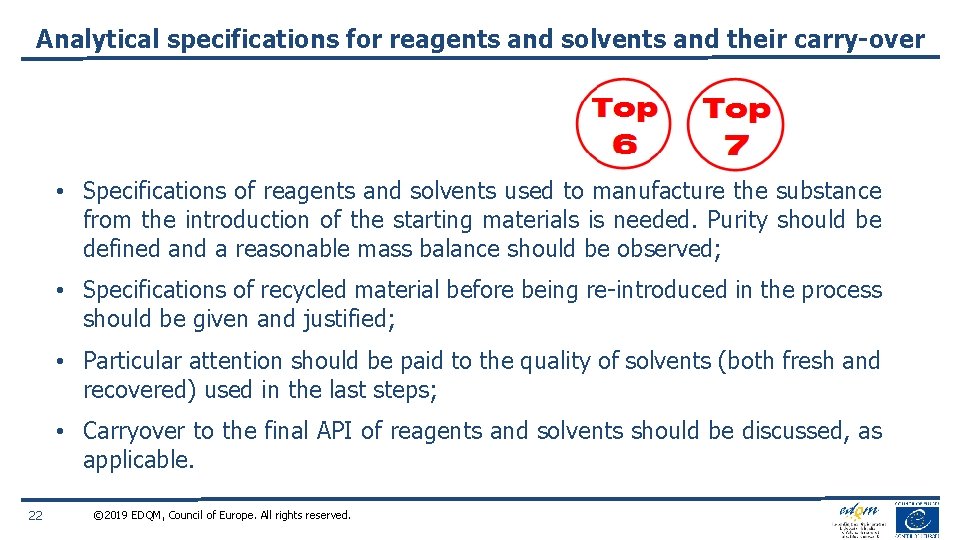 Analytical specifications for reagents and solvents and their carry-over • Specifications of reagents and