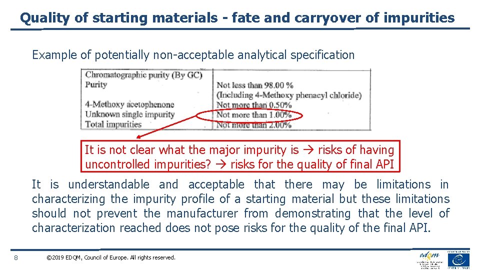 Quality of starting materials - fate and carryover of impurities Example of potentially non-acceptable