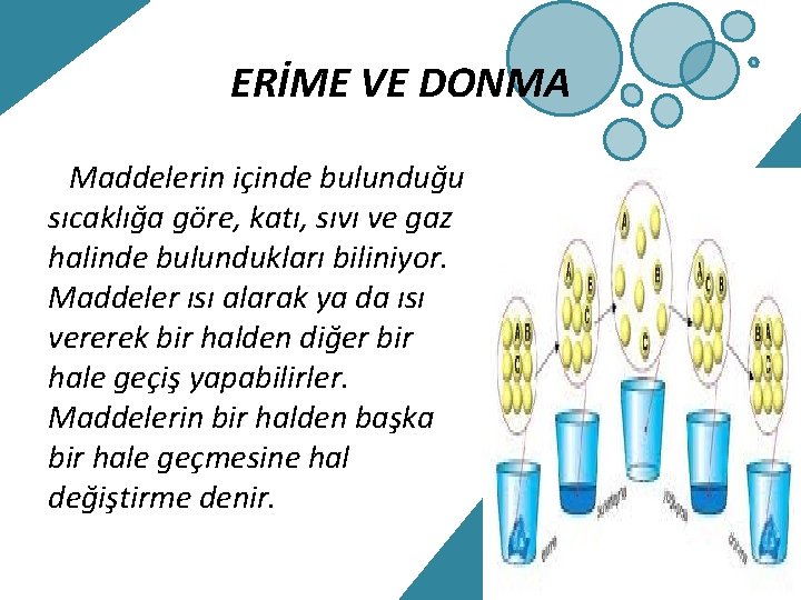 ERİME VE DONMA Maddelerin içinde bulunduğu sıcaklığa göre, katı, sıvı ve gaz halinde bulundukları