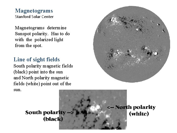 Magnetograms Stanford Solar Center Magnetograms determine Sunspot polarity. Has to do with the polarized