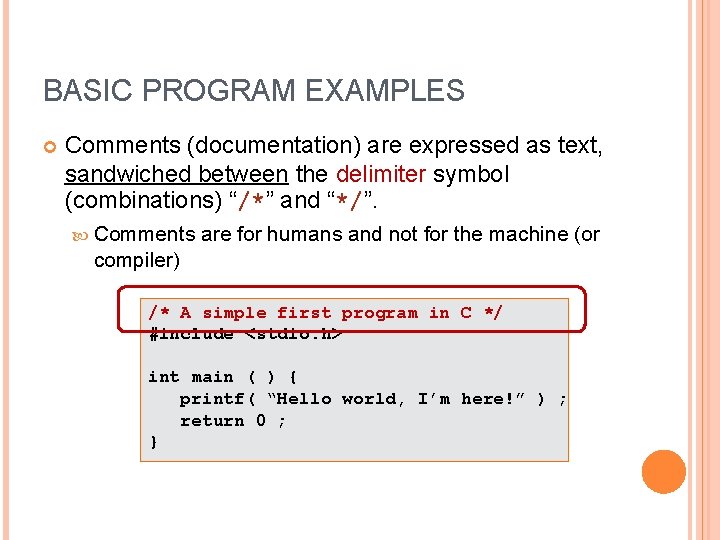 BASIC PROGRAM EXAMPLES Comments (documentation) are expressed as text, sandwiched between the delimiter symbol