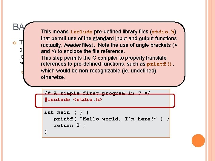 BASIC This PROGRAM EXAMPLES means include pre-defined library files (stdio. h) that permit use