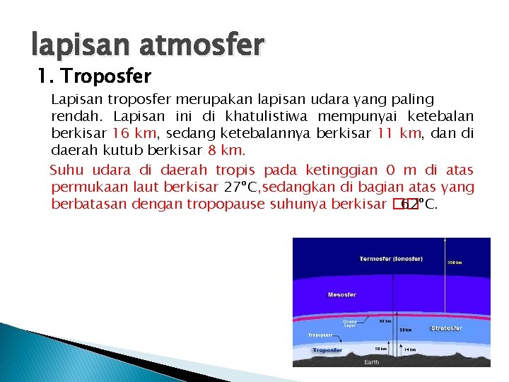 lapisan atmosfer 1. Troposfer Lapisan troposfer merupakan lapisan udara yang paling rendah. Lapisan ini