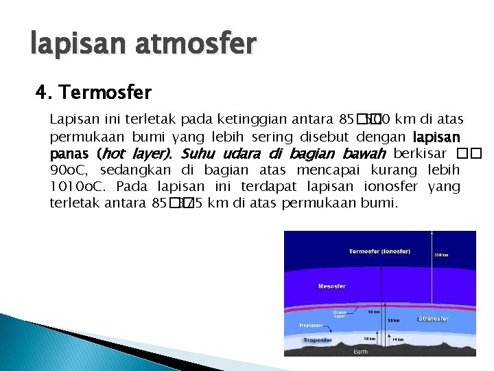 lapisan atmosfer 4. Termosfer Lapisan ini terletak pada ketinggian antara 85�� 500 km di