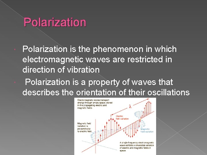 Polarization is the phenomenon in which electromagnetic waves are restricted in direction of vibration Polarization is the phenomenon in which electromagnetic waves are restricted in direction of vibration