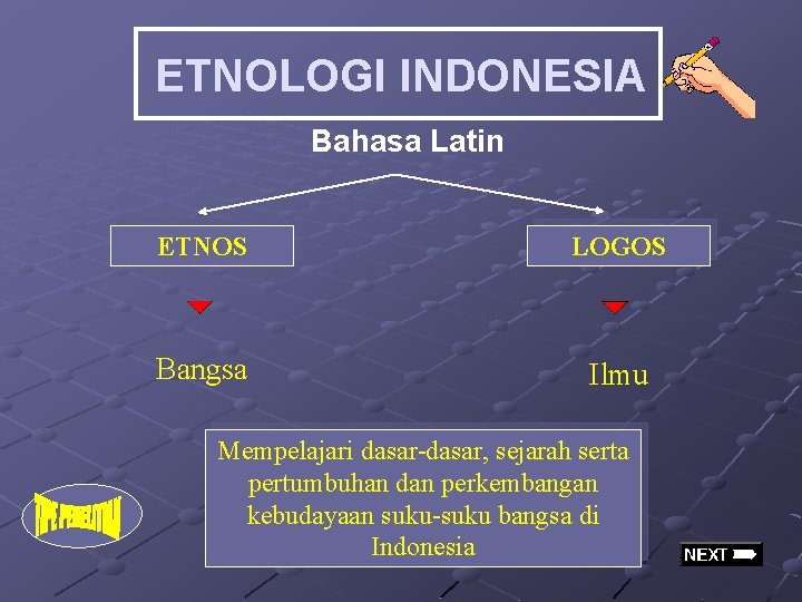 ETNOLOGI INDONESIA Bahasa Latin ETNOS LOGOS Bangsa Ilmu Mempelajari dasar-dasar, sejarah serta pertumbuhan dan