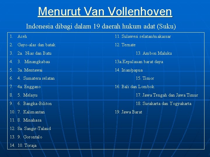 Menurut Van Vollenhoven Indonesia dibagi dalam 19 daerah hukum adat (Suku) 1. Aceh 11.