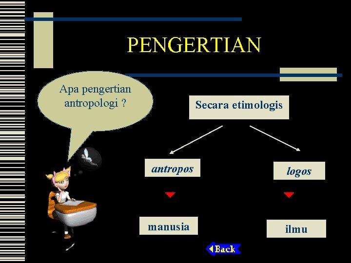 PENGERTIAN Apa pengertian antropologi ? Secara etimologis antropos manusia logos ilmu 