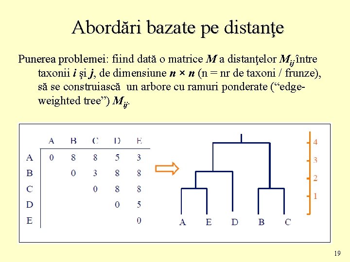 Abordări bazate pe distanţe Punerea problemei: problemei fiind dată o matrice M a distanţelor