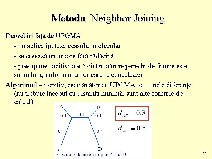 Metoda Neighbor Joining Deosebiri faţă de UPGMA: UPGMA - nu aplică ipoteza ceasului molecular
