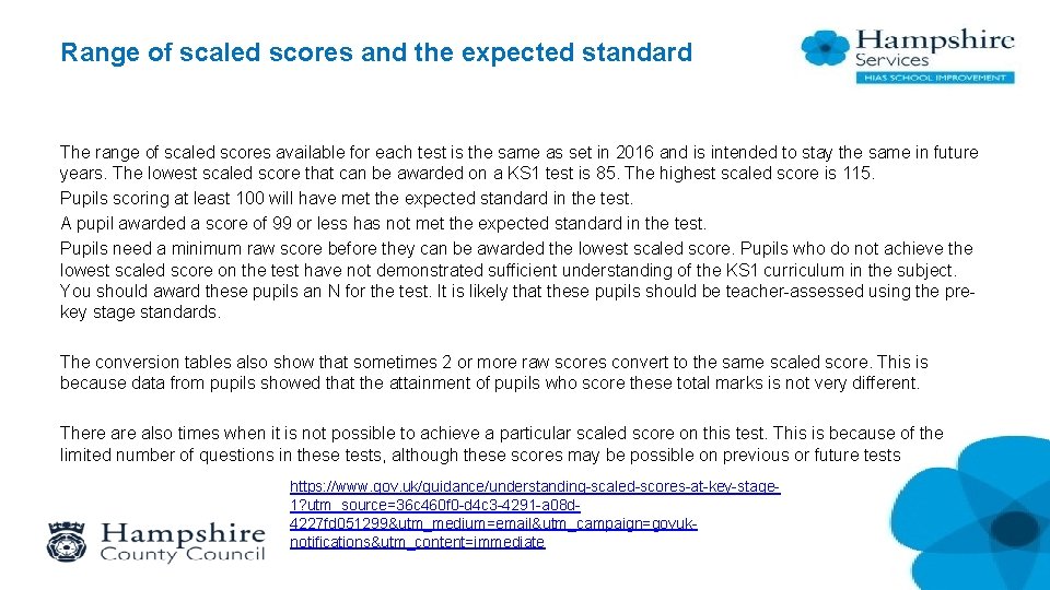 Range of scaled scores and the expected standard The range of scaled scores available