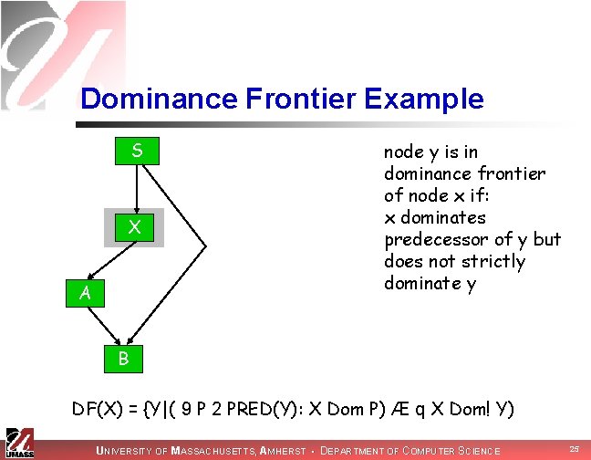 Dominance Frontier Example S X A node y is in dominance frontier of node