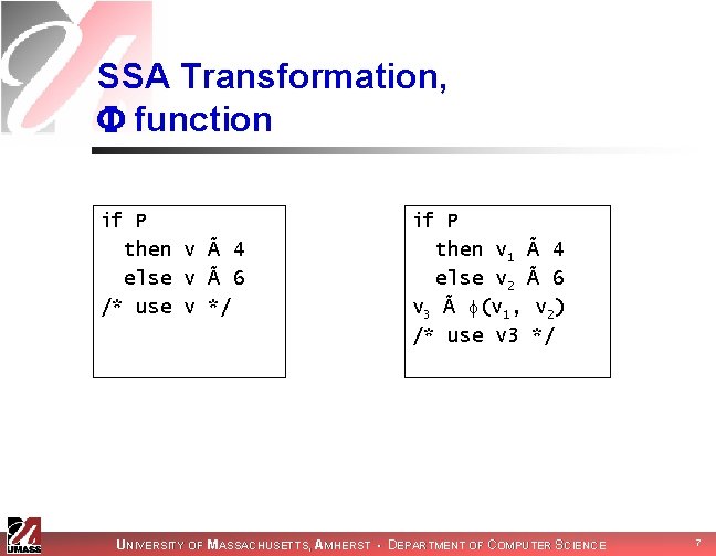 SSA Transformation, function if P then v Ã 4 else v Ã 6 /*