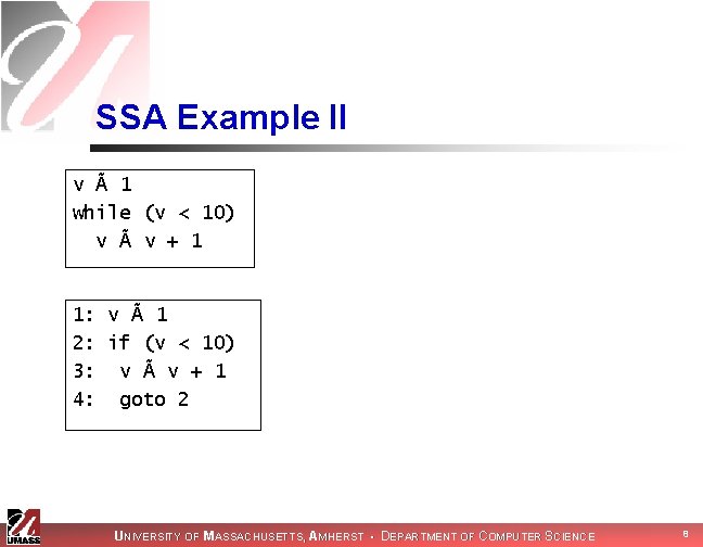 SSA Example II v Ã 1 while (v < 10) v Ã v +