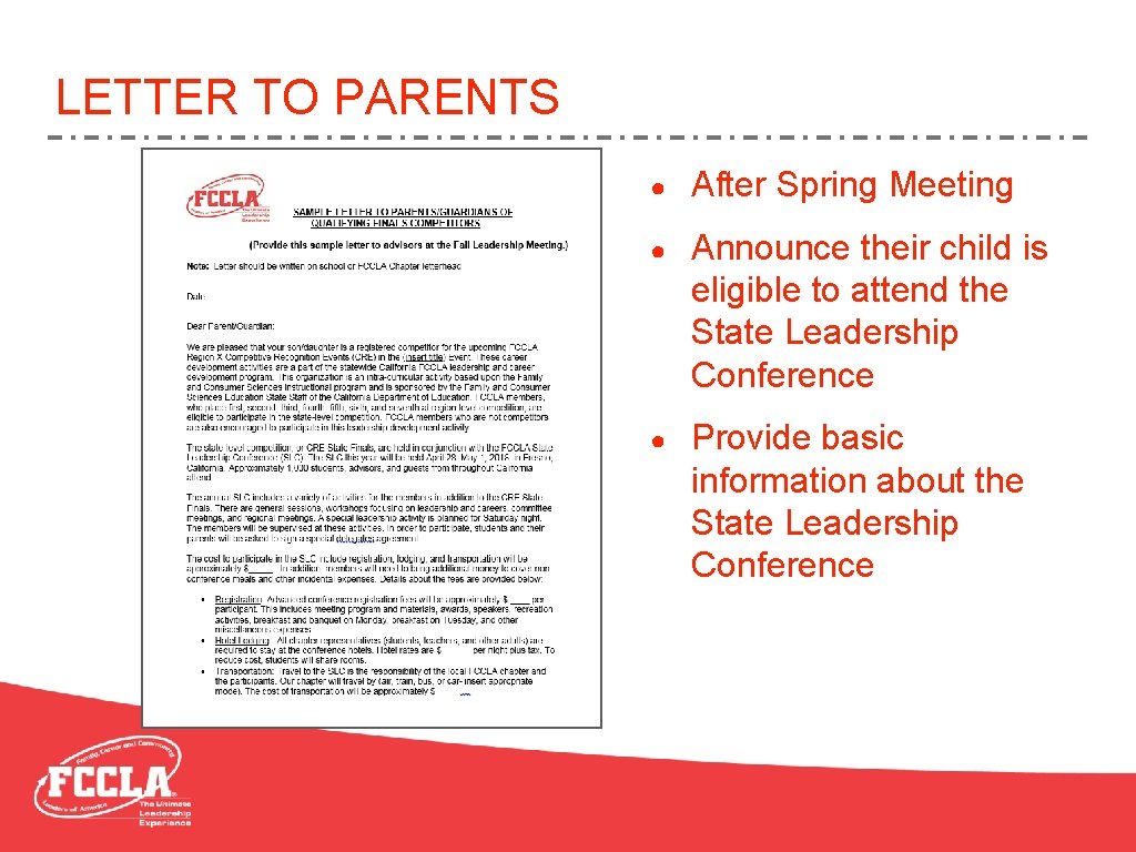 LETTER TO PARENTS ● After Spring Meeting ● Announce their child is eligible to