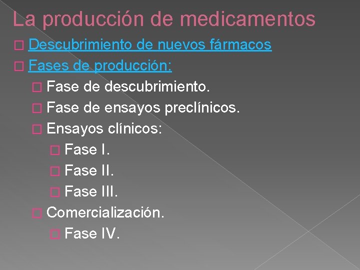 La producción de medicamentos � Descubrimiento de nuevos fármacos � Fases de producción: �