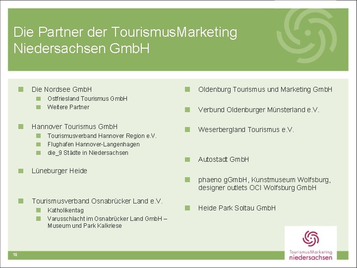 Die Partner der Tourismus. Marketing Niedersachsen Gmb. H Die Nordsee Gmb. H Ostfriesland Tourismus