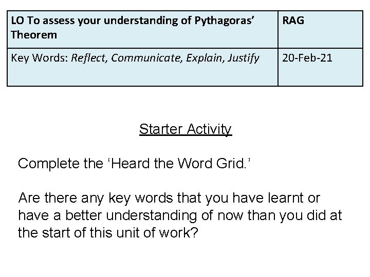 LO To assess your understanding of Pythagoras’ Theorem RAG Key Words: Reflect, Communicate, Explain,
