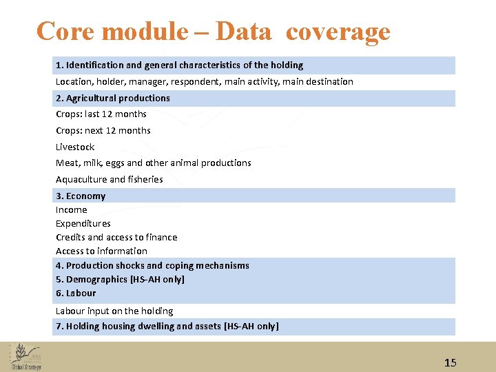 Core module – Data coverage 1. Identification and general characteristics of the holding Location, Core module – Data coverage 1. Identification and general characteristics of the holding Location,