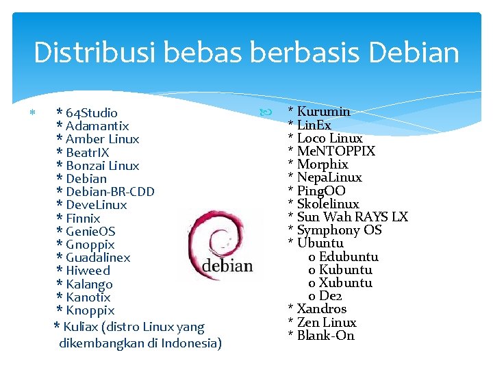 Distribusi bebas berbasis Debian * 64 Studio * Adamantix * Amber Linux * Beatr.