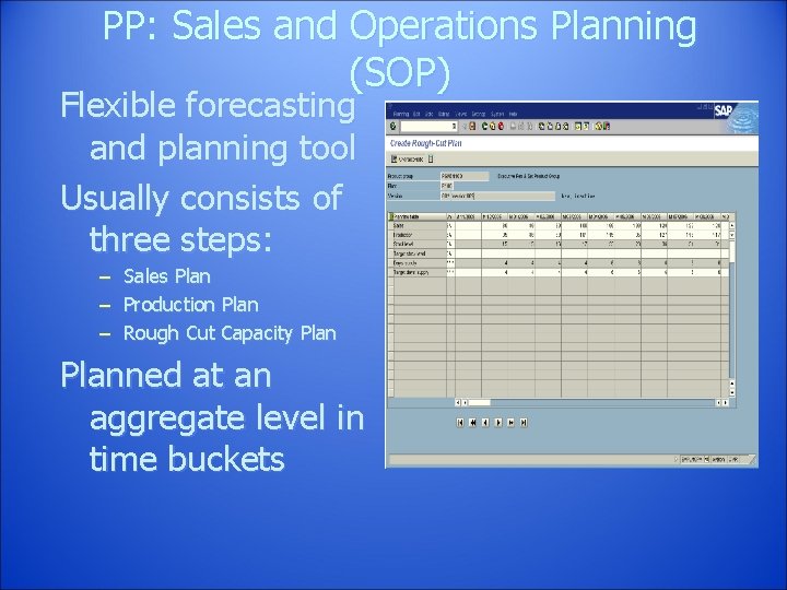 PP: Sales and Operations Planning (SOP) Flexible forecasting and planning tool Usually consists of