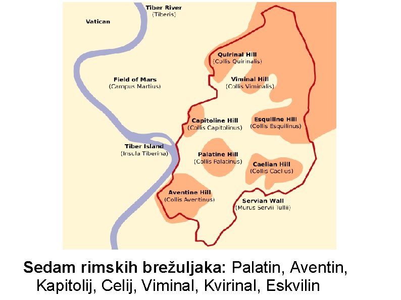 Sedam rimskih brežuljaka: Palatin, Aventin, Kapitolij, Celij, Viminal, Kvirinal, Eskvilin Sedam rimskih brežuljaka: Palatin, Aventin, Kapitolij, Celij, Viminal, Kvirinal, Eskvilin