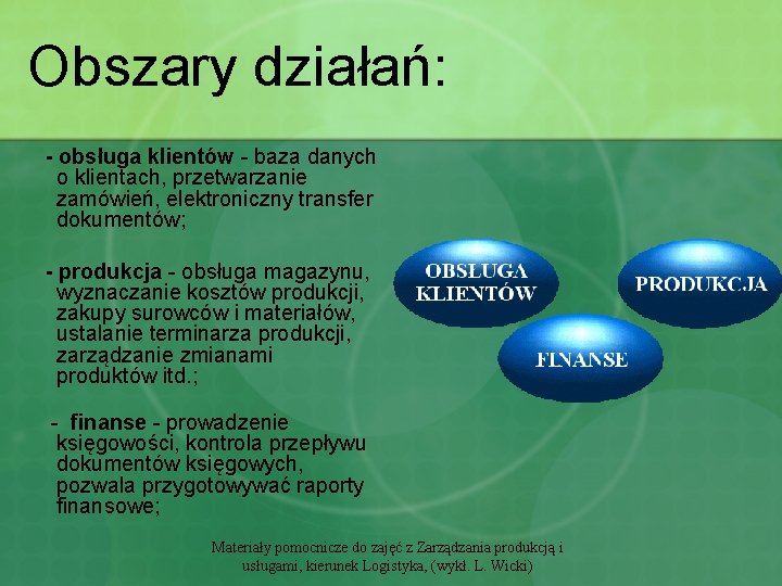 Obszary działań: - obsługa klientów - baza danych o klientach, przetwarzanie zamówień, elektroniczny transfer