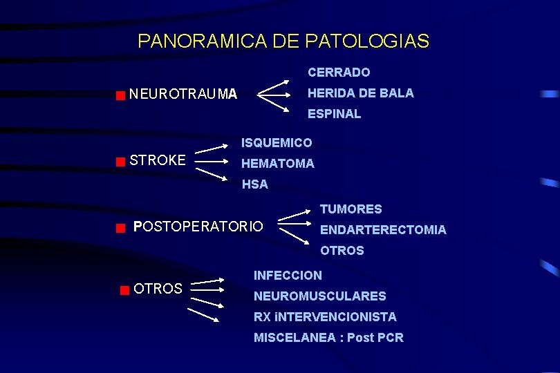 PANORAMICA DE PATOLOGIAS CERRADO HERIDA DE BALA NEUROTRAUMA ESPINAL ISQUEMICO STROKE HEMATOMA HSA TUMORES