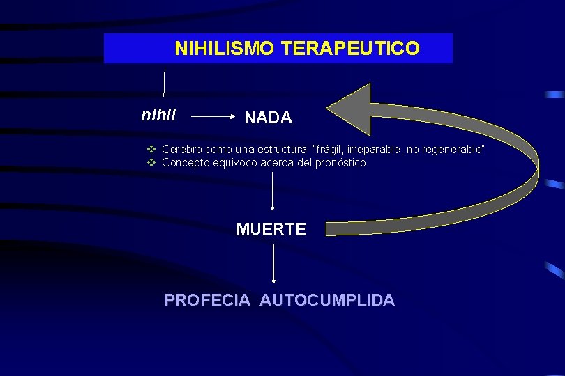 NIHILISMO TERAPEUTICO nihil NADA Cerebro como una estructura “frágil, irreparable, no regenerable” Concepto equivoco