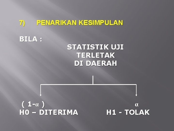 7) PENARIKAN KESIMPULAN BILA : STATISTIK UJI TERLETAK DI DAERAH ( 1 -α )