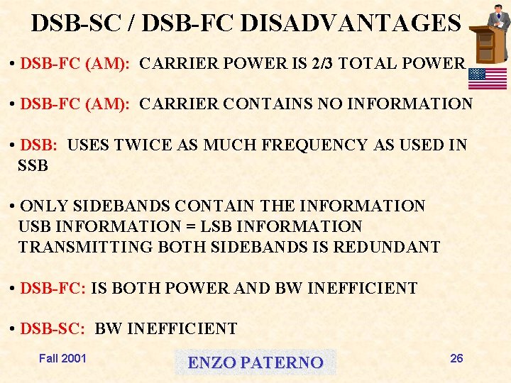 DSB-SC / DSB-FC DISADVANTAGES • DSB-FC (AM): CARRIER POWER IS 2/3 TOTAL POWER •