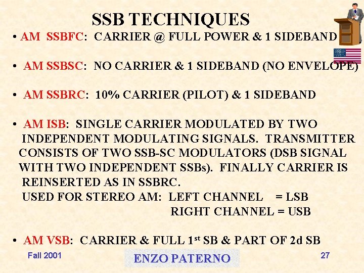 SSB TECHNIQUES • AM SSBFC: CARRIER @ FULL POWER & 1 SIDEBAND • AM