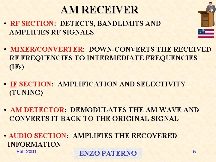 AM RECEIVER • RF SECTION: DETECTS, BANDLIMITS AND AMPLIFIES RF SIGNALS • MIXER/CONVERTER: DOWN-CONVERTS