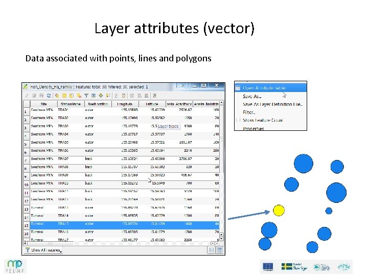 Layer attributes (vector) Data associated with points, lines and polygons 