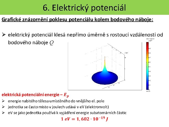 6. Elektrický potenciál Grafické znázornění poklesu potenciálu kolem bodového náboje: elektrický potenciál klesá nepřímo