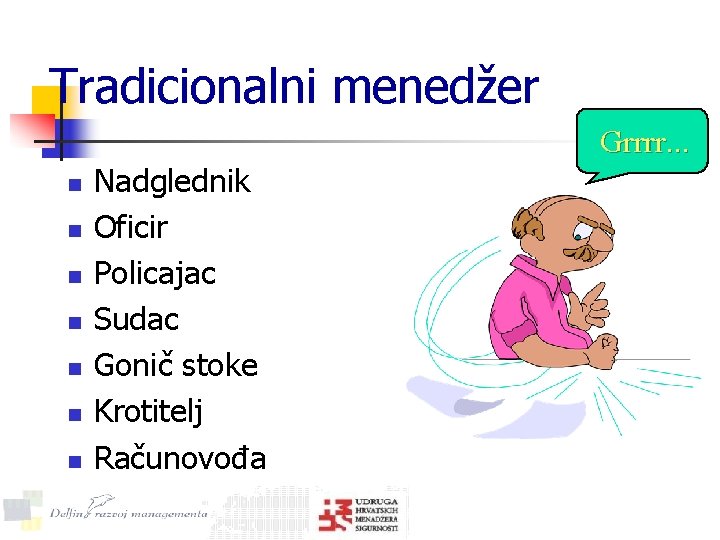 Tradicionalni menedžer n n n n Nadglednik Oficir Policajac Sudac Gonič stoke Krotitelj Računovođa