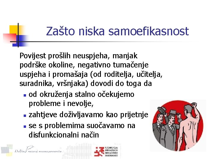 Zašto niska samoefikasnost Povijest prošlih neuspjeha, manjak podrške okoline, negativno tumačenje uspjeha i promašaja