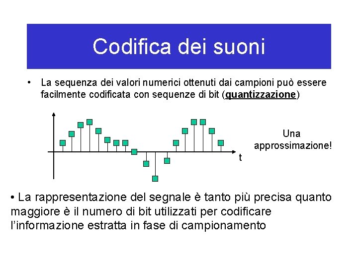 Codifica dei suoni • La sequenza dei valori numerici ottenuti dai campioni può essere