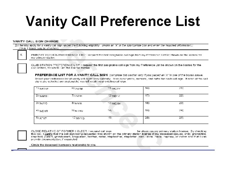Vanity Call Preference List Vanity Call Preference List
