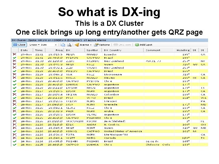 So what is DX-ing This is a DX Cluster One click brings up long