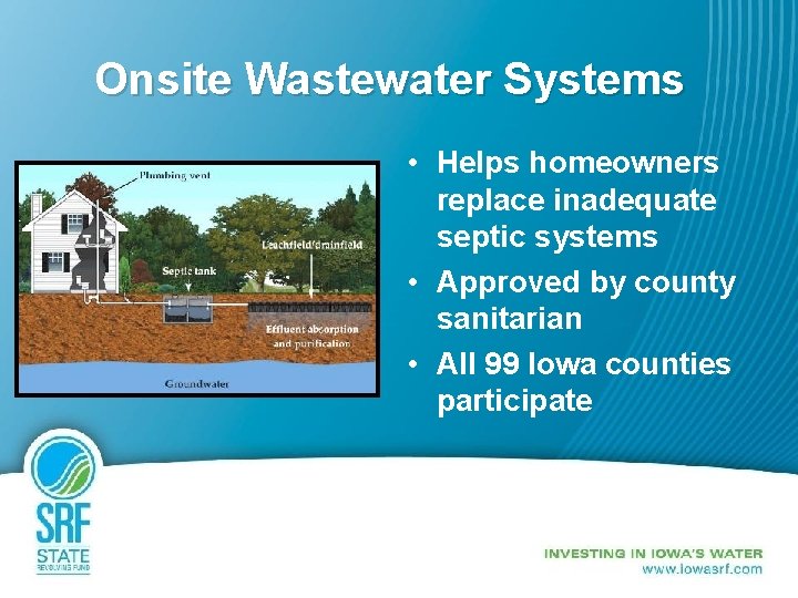 Onsite Wastewater Systems • Helps homeowners replace inadequate septic systems • Approved by county