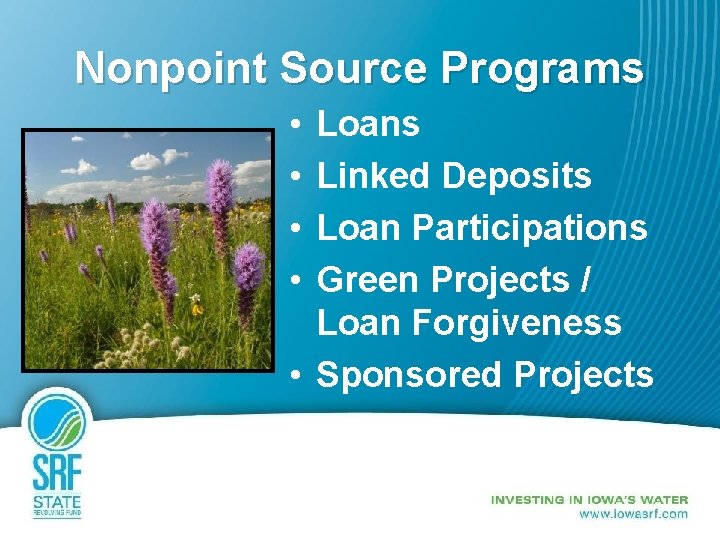 Nonpoint Source Programs • • Loans Linked Deposits Loan Participations Green Projects / Loan