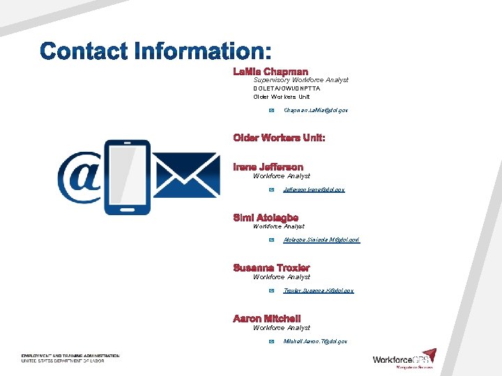 Supervisory Workforce Analyst DOLETA/OWI/DNPTTA Older Workers Unit Chapman. La. Mia@dol. gov Workforce Analyst Jefferson.