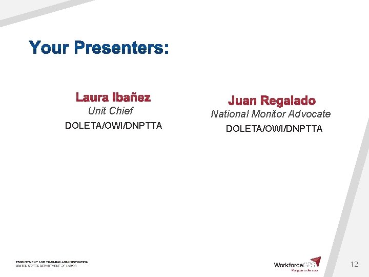 Unit Chief DOLETA/OWI/DNPTTA National Monitor Advocate DOLETA/OWI/DNPTTA 12 