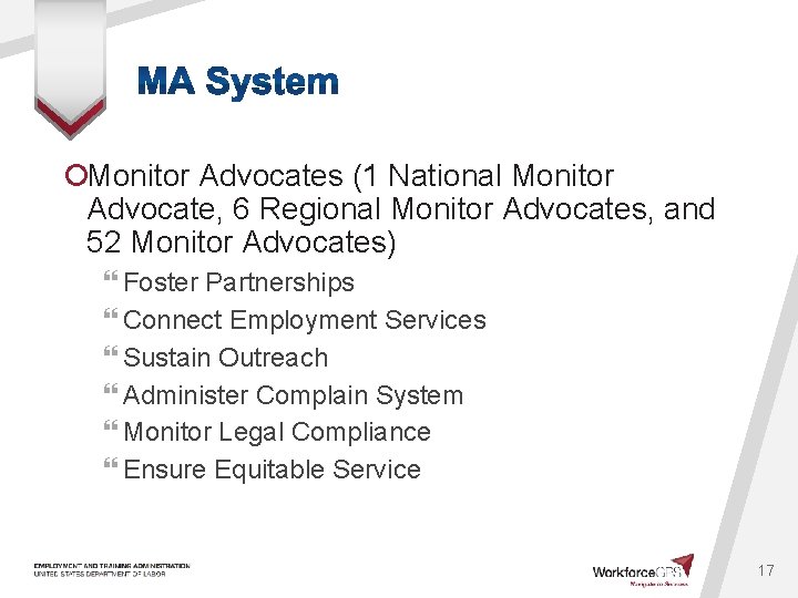 ¡Monitor Advocates (1 National Monitor Advocate, 6 Regional Monitor Advocates, and 52 Monitor Advocates)