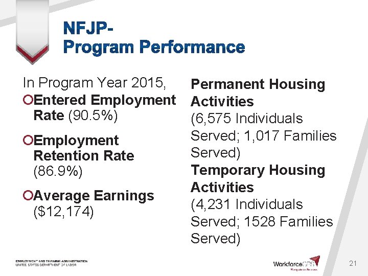 In Program Year 2015, ¡Entered Employment Rate (90. 5%) ¡Employment Retention Rate (86. 9%)