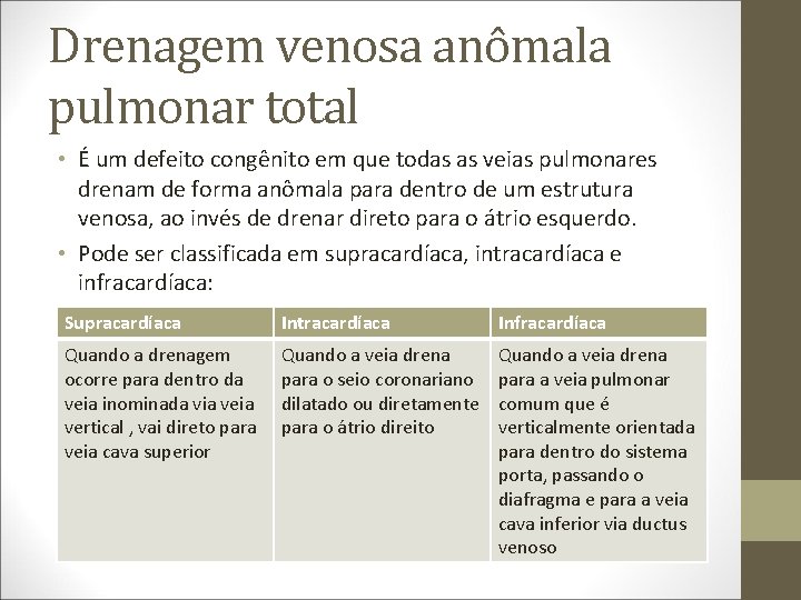 Drenagem venosa anômala pulmonar total • É um defeito congênito em que todas as