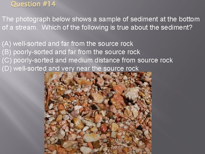 Question #14 The photograph below shows a sample of sediment at the bottom of