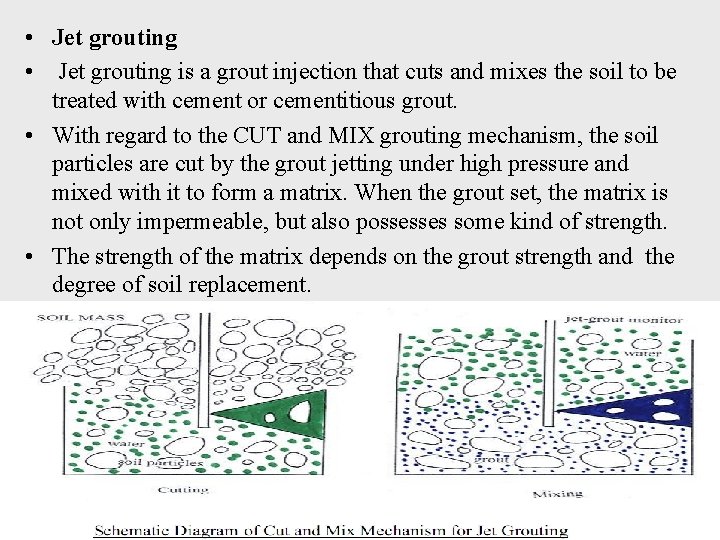  • Jet grouting is a grout injection that cuts and mixes the soil